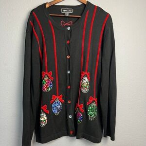 Vtg Terazzo Christmas Cardigan Sweater Black‎ Holiday Ornament Sequin Bows Sz L